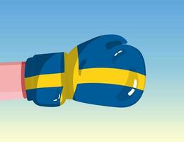 Flag of Sweden on boxing glove. Confrontation between countries with competitive power. Offensive attitude. Separation of power. Template ready design. vector