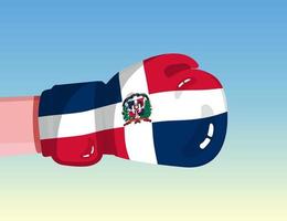 Flag of Dominican Republic on boxing glove. Confrontation between countries with competitive power. Offensive attitude. Separation of power. Template ready design. vector