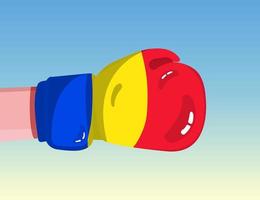 Flag of Romania on boxing glove. Confrontation between countries with competitive power. Offensive attitude. Separation of power. Template ready design. vector