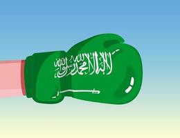 Flag of Saudi Arabia on boxing glove. Confrontation between countries with competitive power. Offensive attitude. Separation of power. Template ready design. vector