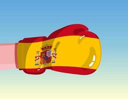 Flag of Spain on boxing glove. Confrontation between countries with competitive power. Offensive attitude. Separation of power. Template ready design. vector