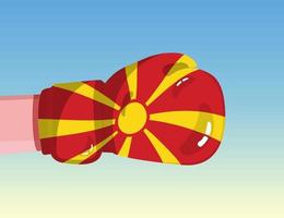 Flag of North Macedonia on boxing glove. Confrontation between countries with competitive power. Offensive attitude. Separation of power. Template ready design. vector