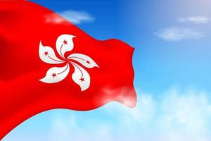Hong Kong flag in the clouds. Vector flag waving in the sky. National day realistic flag illustration. Blue sky vector.