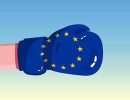 Flag of European Union on boxing glove. Confrontation between countries with competitive power. Offensive attitude. Separation of power. Template ready design.