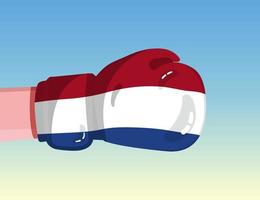 Flag of Netherlands on boxing glove. Confrontation between countries with competitive power. Offensive attitude. Separation of power. Template ready design. vector