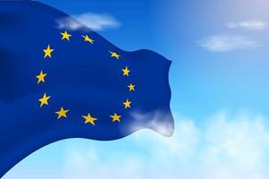 European Union flag in the clouds. Vector flag waving in the sky. National day realistic flag illustration. Blue sky vector.