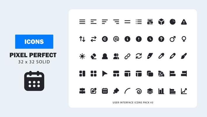 User interface icon set 3, ui pixel perfect icon glyph solid pack