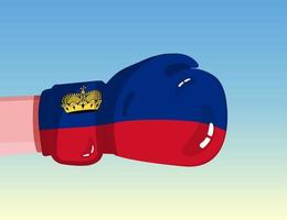 Flag of Liechtenstein on boxing glove. Confrontation between countries with competitive power. Offensive attitude. Separation of power. Template ready design. vector