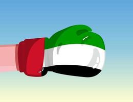 Flag of United Arab Emirates on boxing glove. Confrontation between countries with competitive power. Offensive attitude. Separation of power. Template ready design. vector