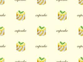 Cup cake cartoon character seamless pattern on yellow background. Pixel style vector