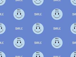 Smiley cartoon character seamless pattern on blue background. Pixel style vector