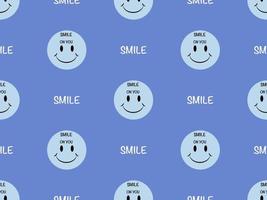 Smiley cartoon character seamless pattern on blue background. Pixel style vector