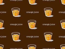 Orange juice cartoon character seamless pattern on brown background. Pixel style vector