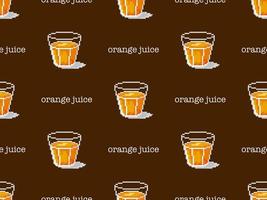 Orange juice cartoon character seamless pattern on brown background. Pixel style vector