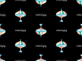 Whirligig cartoon character seamless pattern on black background. Pixel style vector