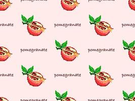 Pomegranate cartoon character seamless pattern on pink background. Pixel style vector