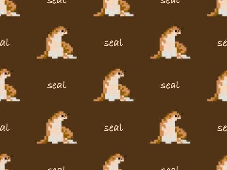 Seal cartoon character seamless pattern on brown background. Pixel style vector