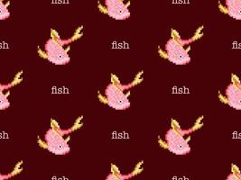 Fish cartoon character seamless pattern on red background. Pixel style vector