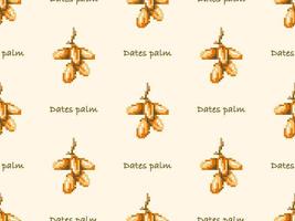 Dates palm cartoon character seamless pattern on yellow background. Pixel style vector