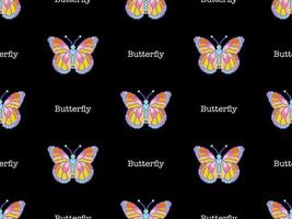 Butterfly cartoon character seamless pattern on black background. Pixel style vector