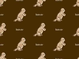Beaver cartoon character seamless pattern on brown background. Pixel style