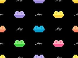 Frog cartoon character seamless pattern on black background. Pixel style vector