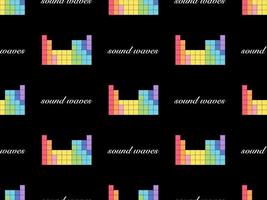 Sound waves cartoon character seamless pattern on black background. Pixel style vector
