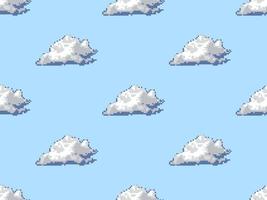 Cloud cartoon character seamless pattern on blue background. Pixel style vector