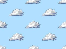 Cloud cartoon character seamless pattern on blue background. Pixel style vector