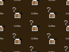 Coffee cartoon character seamless pattern on black background. Pixel style vector