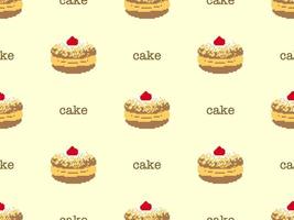Cake cartoon character seamless pattern on yellow background. Pixel style vector