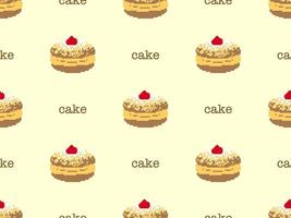 Cake cartoon character seamless pattern on yellow background. Pixel style vector