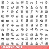 100 iconos de oficina establecidos, estilo de esquema vector