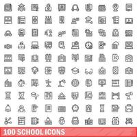 100 iconos escolares establecidos, estilo de esquema vector