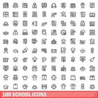 100 iconos escolares establecidos, estilo de esquema vector