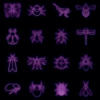 insectos, iconos, conjunto, vector, neón