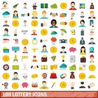 100 lottery icons set, flat style
