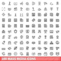 100 mass media icons set, outline style vector