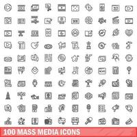 100 mass media icons set, outline style vector