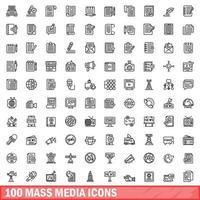 100 mass media icons set, outline style vector