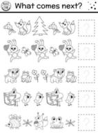 What comes next. Forest black and white matching activity with woodland animals. Funny outline puzzle. Logical worksheet. Continue the row coloring page with rabbit, bear, frog vector