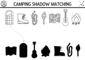 Summer camp shadow matching activity for children with cute kawaii camping equipment. Family nature trip puzzle with cute objects. Find the correct silhouette printable worksheet or game