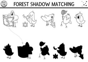Forest or camping black and white shadow matching activity with cute animals. Road trip outline puzzle with birds, raven. Find the correct silhouette printable worksheet or coloring page.