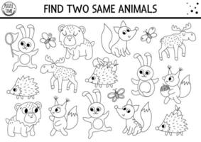 Find two same animals. Forest matching activity for children. Funny woodland educational logical quiz worksheet for kids. Simple printable game with cute bear, squirrel, rabbit, fox, moose, hedgehog vector