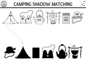 Black and white summer camp shadow matching activity with cute kawaii camping equipment. Family nature trip outline puzzle. Find the correct silhouette printable worksheet or coloring page.