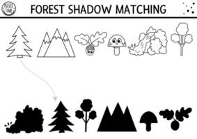 Forest or camping shadow matching activity. Family nature trip puzzle with mountains. Find the correct silhouette printForest or camping black and white shadow matching activity with nature elements. vector