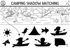 campamento de verano actividad de combinación de sombras en blanco y negro con niños lindos en barcos. Rompecabezas de contorno de viaje por carretera con niños en kayak. encuentre la hoja de trabajo imprimible o la página para colorear de la silueta correcta. vector