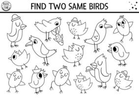 Find two same birds. Forest black and white matching activity or coloring page. Funny outline woodland logical quiz worksheet for kids. Simple printable seek and find game with cute animals vector