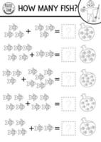 How many fish black and white game with cute fishes in the bag with water. Summer math addition outline activity. Printable counting worksheet or coloring page for kids with boy and rod vector