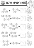 How many fish black and white game with cute fishes in the bag with water. Summer math addition outline activity. Printable counting worksheet or coloring page for kids with boy and rod vector